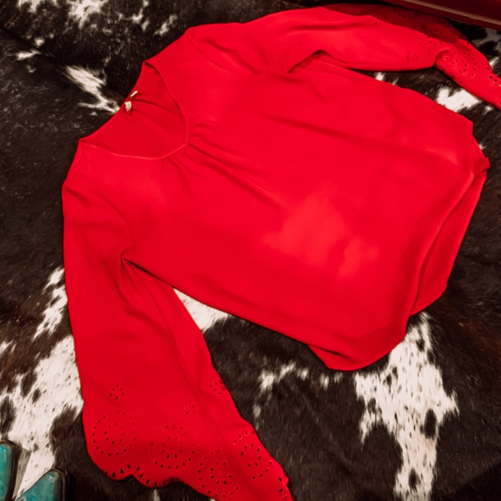 Red Bell-Sleeve Floral Shirt